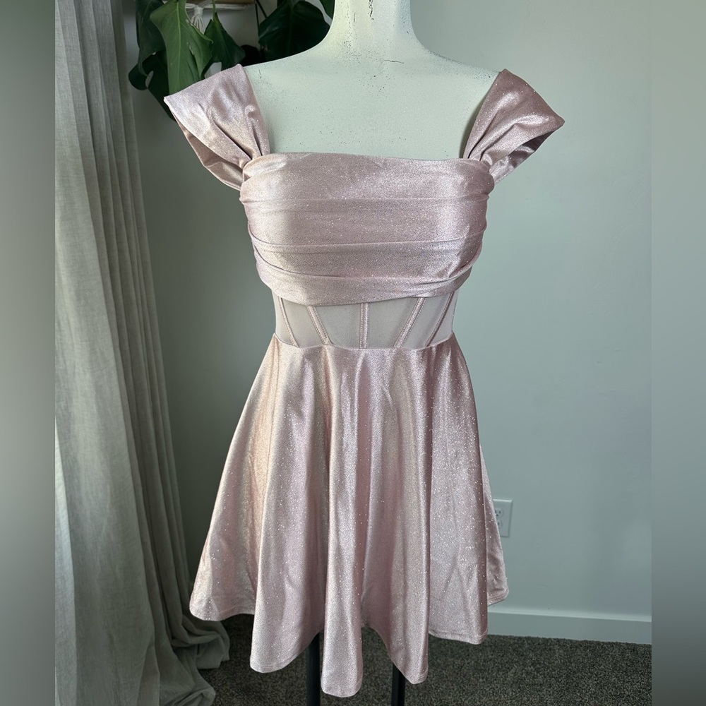 Dollars Rose Gold Off-Shoulder Shimmer Mini Dress Size Medium